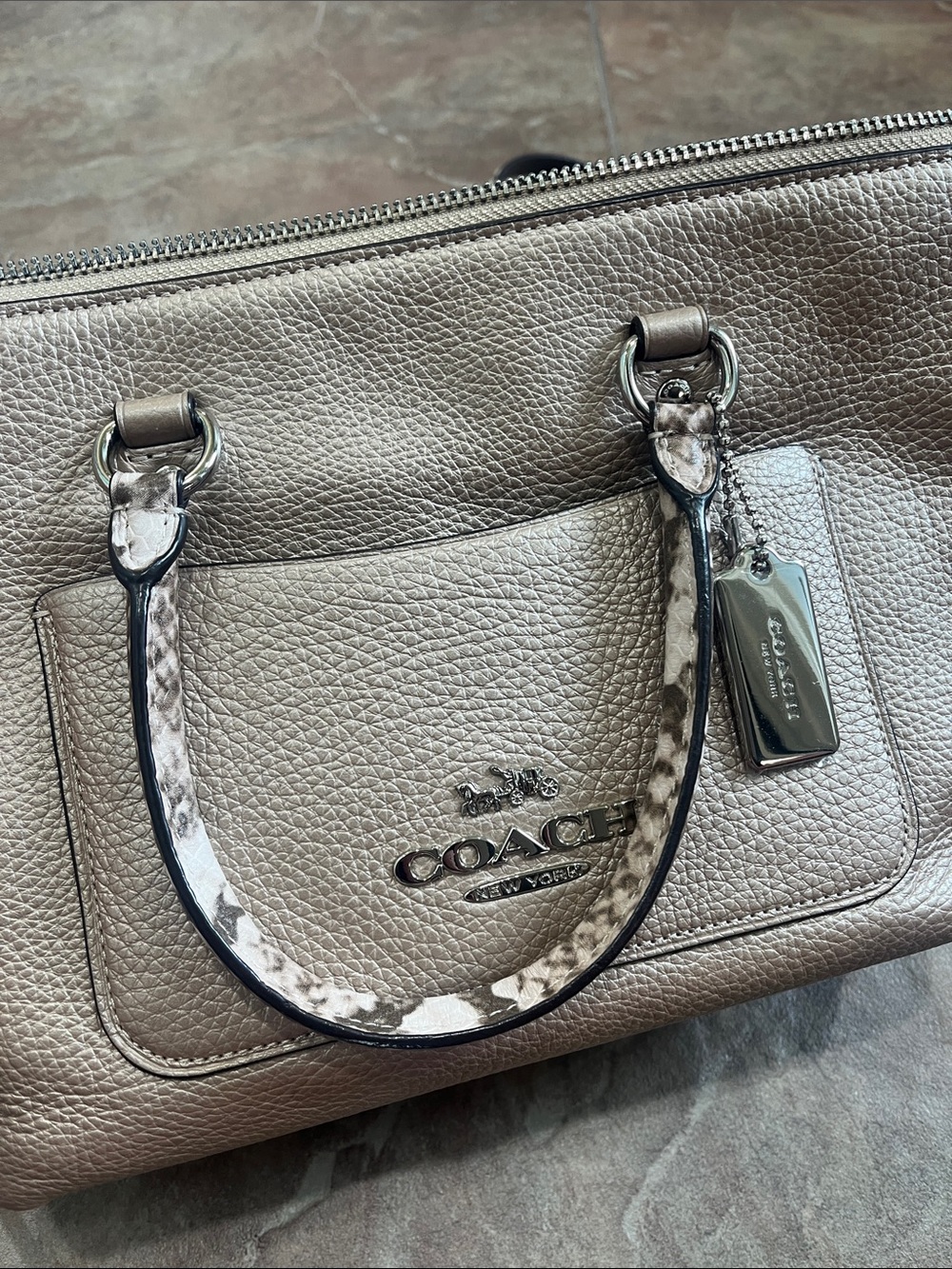 Coach Taupe Pebbled Leather Satchel with Snake-Print Trim - Picture 2 of 8